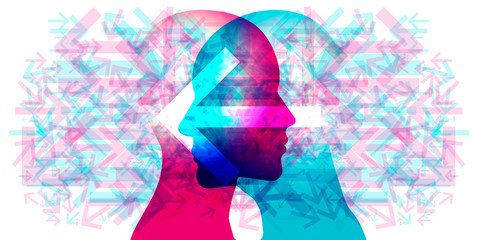 A female and male side silhouette positioned face to face overlaid with various semi-transparent directional arrows. A large semi-transparent left pointing arrow is placed across the 2 silhouettes.