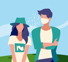 Woman and man avatar with mask outside vector design