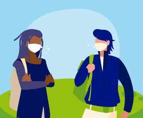 Men avatars with masks outside vector design