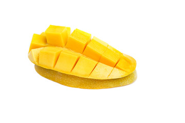 Yellow mango and mango slice on cubes isolated white isolated background.