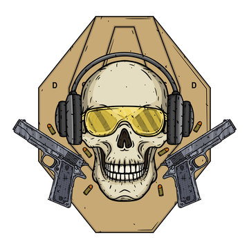 Skull shooter on the background of the target, glasses, headphones and two pistols.