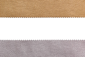 Background frame from samples of furniture leather crumpled structure of gold and silver color in macro isolated on a white background. Frame from factory furniture leather with a place for text.