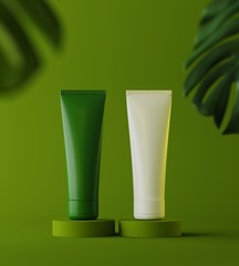 Design of natural cosmetic cream , serum, skincare blank bottle packaging with leaves herb, bio organic product. beauty. 3d illustartion. Product presentation