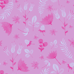 Fototapeta na wymiar watercolor monochrome pink floral seamless pattern with flowers and leaves