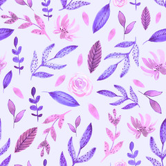 Watercolor monochrome purple pink floral seamless pattern with flowers and leaves