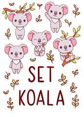Set cute kawaii hand drawn koala doodles, isolated on white background, clipart,