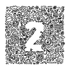 Obraz premium Nice gentle vector doodle cards template with number two. Happy Birthday to baby invitation, card for children's holiday design. Vector funny background for greeting postcard, poster or print on t