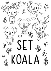 Coloring pages, black and white, set cute kawaii hand drawn koala doodles