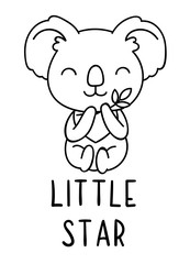 Coloring pages, black and white cute kawaii hand drawn koala doodles, lettering little star
