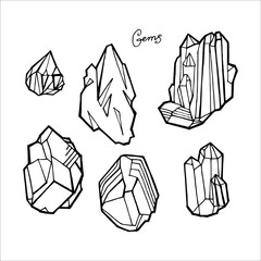 Hand drawn doodle vector elements set. Black jewelry silhouettes isolated on white. Precious diamond, crystal, gem stones. Different shapes and facets.