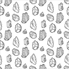 Seamless vector pattern - black outline crystals or gems, on white background, endless texture with gemstones, diamonds, hand drawn or doodle illustration