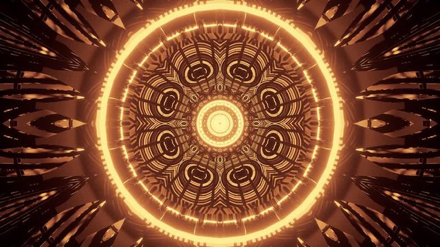 Computerized motion graphics of golden color shapes and patterns emitting from the center. VJ loops, fractal animation, kaleidoscope.