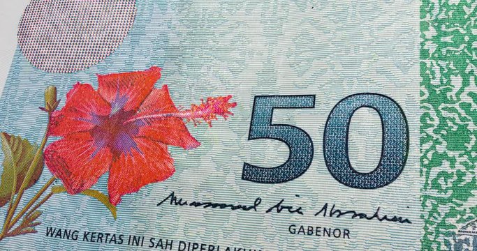 Extreme close up footage, panning over fifty Ringgit Malaysia. 4k detailed macro capture of RM 50. Most used Malaysian  banknote. Macro photography footage of the front side of a Malaysia money. 