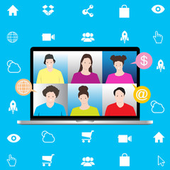 Desktop computer with group of People in Online meeting, Conference online, Live chat. Online Chat with Social Network.  Vector illustration in flat style