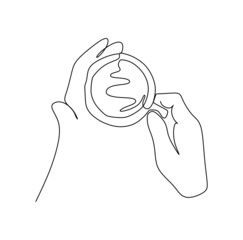 Hand hold a cup of coffee from top view - Continuous single line drawing vector illustration