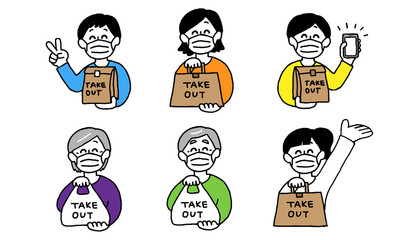 テイクアウト品を手に持つ人物セット（シンプル）