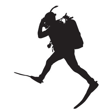 recommend clip art: Vector silhouette scuba diver with equipment and flippers on white background