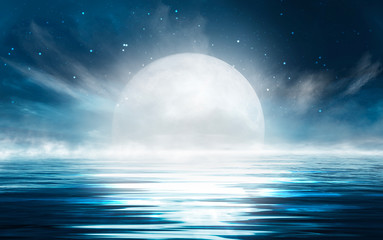Naklejka na ściany i meble Night seascape. Dark landscape with a marine background and sunset, moon. Abstract night landscape in blue light. Reflection of the moon in the night water. Empty futuristic landscape.