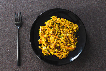 plant-based food, vegan scrambled tofu with stir fry veggies