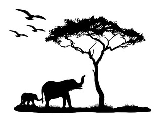Silhouette of elephant with tree and birds in the sky on white background.