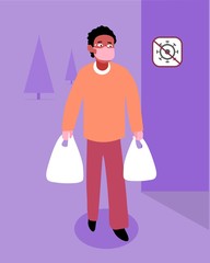 A man delivers food during a pandemic. Vector illustration - man in a mask and gloves. Strikethrough coronavirus icon. Prevention of infectious diseases. Safety during an epidemic. Online service.