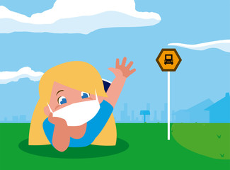 Girl kid cartoon with mask at bus station vector design