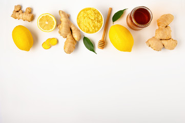 .Natural medicine. Immunostimulating products: lemon, honey, ginger root. Copy space.