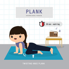 Plank Workout. Woman doing Planking exercise and yoga training at gym home, stay at home concept. Character Cartoon Vector illustration
