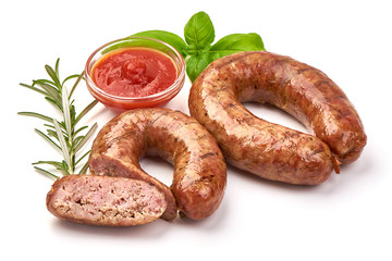 Grilled pork bangers, isolated on white background