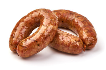 Grilled pork bangers, isolated on white background
