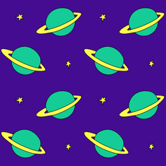 Obraz premium Baby seamless pattern. Cartoon planet saturn and stars in space. Vector Cosmic background and texture. For kids design, fabric, wrapping, wallpaper, textile, apparel