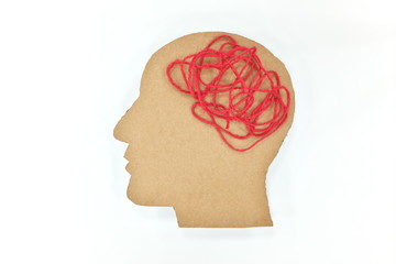 Mental health depression, overthinking, chaos, mess and confusion concept. Male head profile...