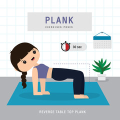 Plank Workout. Woman doing Planking exercise and yoga training at gym home, stay at home concept. Character Cartoon Vector illustration