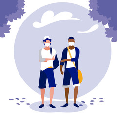 Men with masks and trees outside vector design