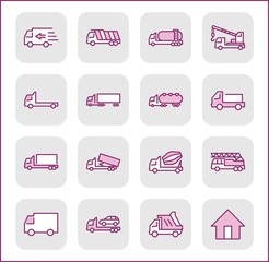 Truck Set of Transport Vector Line Icons. Contains such Icons as Truck, Transportation, Tow Truck, Cranes, Mixer, Garbage Truck, Manipulators, Delivery service and more. Editable Stroke. 32x32 Pixel