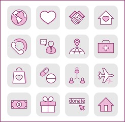 International Day for the Poor Vector Line Icons Set. Contains such Icons as Heart, planet Earth, Handshake, money, Donate, Medicines, Plane and more. Editable Stroke. 32x32 Pixel Perfect