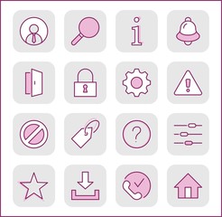 Set of Interface Related Vector Line Icons. Contains such Icons as User, Search, Info, Star, Bell, Door, Settings, Lock, Alert, Gear and more. Editable Stroke. 32x32 Pixel Perfect