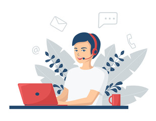Young smiling man with headphones and a microphone with a laptop.Concept illustration for customer service, assistance, call center. Online customer support and helpdesk. Flat vector illustration