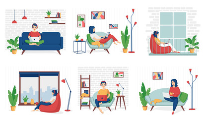 A young woman is sitting with a laptop. Concept remote work from home. Freelance. Distanse learning. Stay home during an epidemic.Set of cute vector illustrations in flat cartoon style