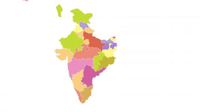 Animated map of India showing administrative regions. India map with color federal states appearing and fading one by one. Detailed political country map with divisions. 4K resolution