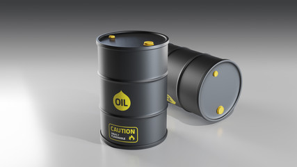 Realistic black oil barrel 3D illustration isolated white background.