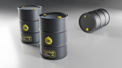 Realistic black oil barrel 3D illustration isolated white background.