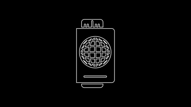 White line Passport with ticket icon isolated on black background. Identification Document. Concept travel and tourism. 4K Video motion graphic animation