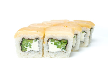 sushi and rolls on a white background food