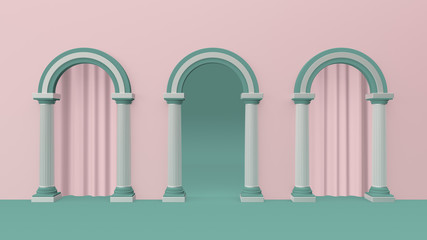 3d render illustration of colonnade. 
Modern trendy design. Pink and green colors.