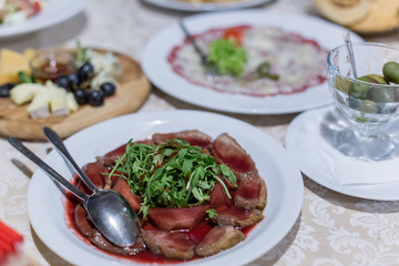 food at a wedding party in a restaurant with decor