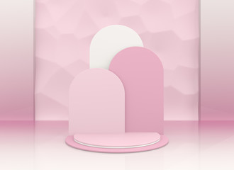  3d render illustration. Background with geometric composition include: tree semicircular podium and stand. Modern trendy design.