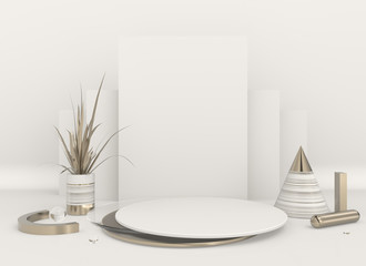  3d render illustration. Background with geometric composition include: stand, cone, pot with a plant, capsules. Modern trendy design. White and gold colors.