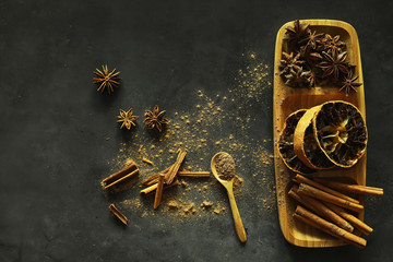 Spices for cooking. Cinnamon and anise. Pestle for spices.