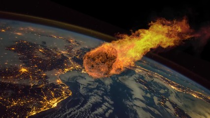 Asteroid Impact on Earth. Asteroid, comet, meteorite glows, enters the earth's atmosphere. Attack of the meteorite. Meteor Rain. Kameta tail. End of the world. Elements of this image furnished by NASA - Powered by Adobe